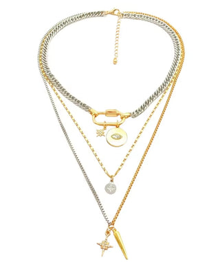 Multi-Layer Two Tone Lucky Eye Charm Necklace-230 Jewelry-HoopLa-Coastal Bloom Boutique, find the trendiest versions of the popular styles and looks Located in Indialantic, FL