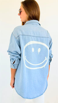 Smiley Print Denim Shirt-130 Long Sleeve Tops-Rousseau-Coastal Bloom Boutique, find the trendiest versions of the popular styles and looks Located in Indialantic, FL