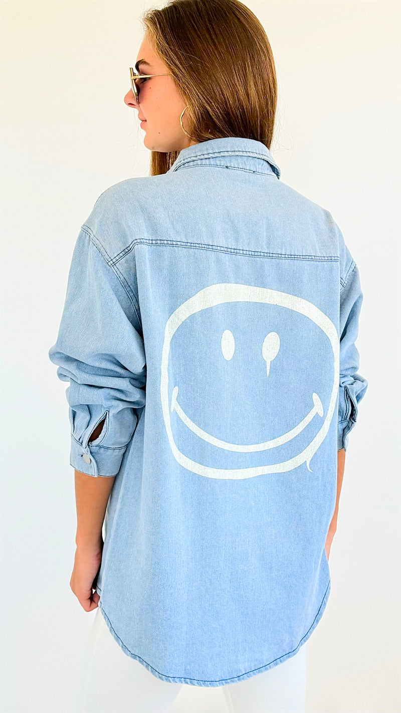 Smiley Print Denim Shirt-130 Long Sleeve Tops-Rousseau-Coastal Bloom Boutique, find the trendiest versions of the popular styles and looks Located in Indialantic, FL