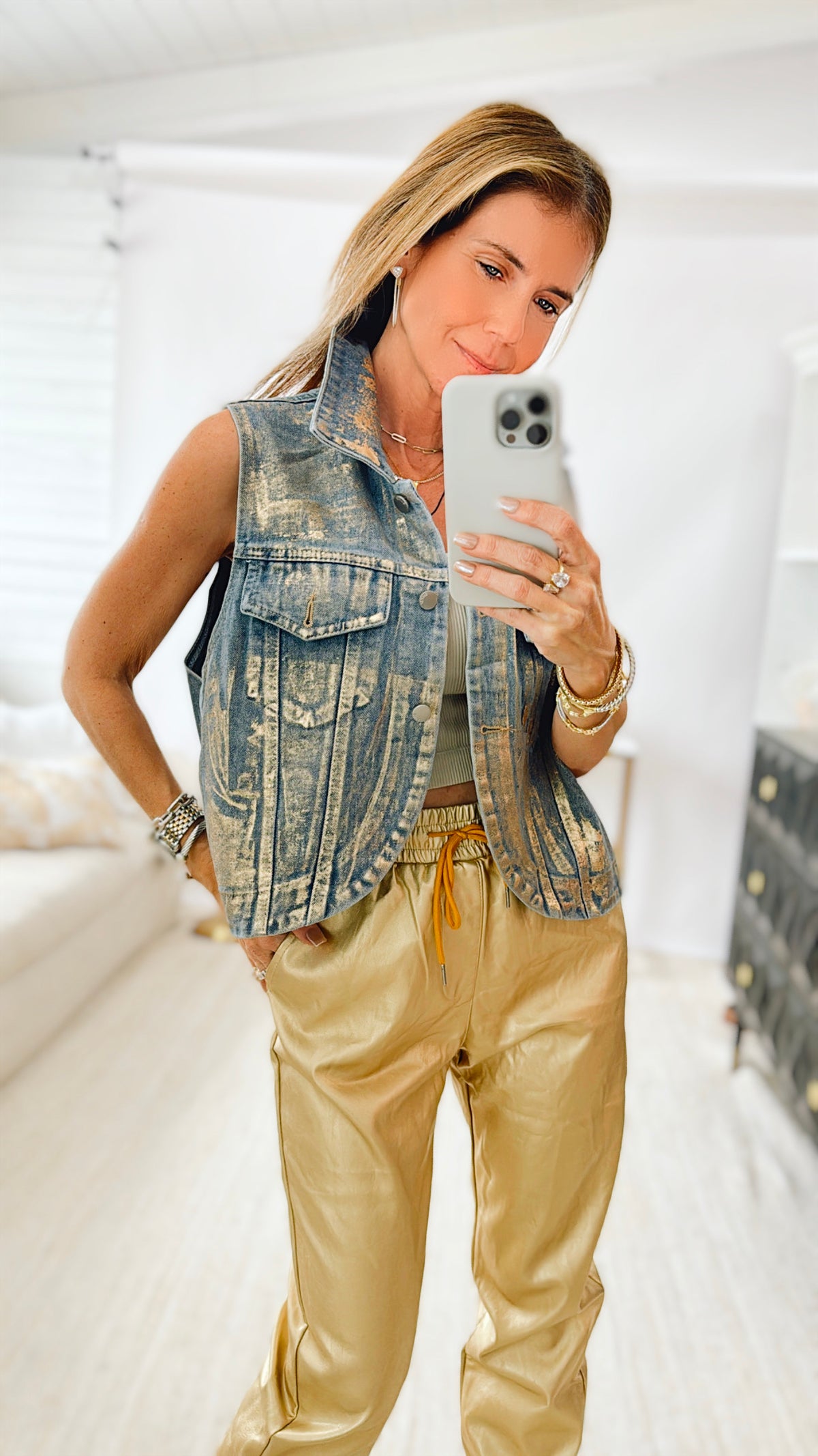 Stop the Show Metallic Denim Vest - Gold-160 Jackets-pastel design-Coastal Bloom Boutique, find the trendiest versions of the popular styles and looks Located in Indialantic, FL