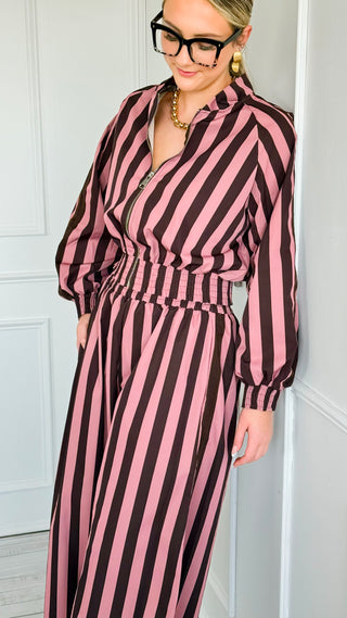 Pre Auth - Contrast Italian Stripe Jacket & Pant Set  - Mauve/ Brown