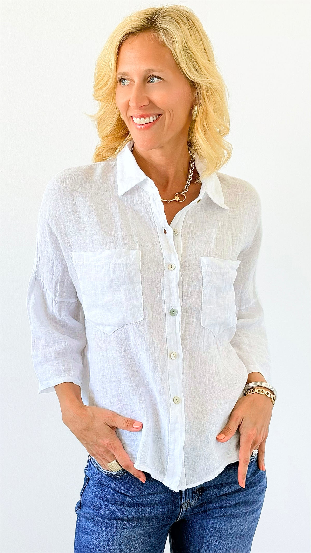 Pure Breeze Linen Italian Button Top- White-110 short Sleeve Top-Italianissimo-Coastal Bloom Boutique, find the trendiest versions of the popular styles and looks Located in Indialantic, FL