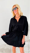 City Sweetheart Drawstring Waist Shirt Dress - Black-200 dresses/jumpsuits/rompers-HYFVE-Coastal Bloom Boutique, find the trendiest versions of the popular styles and looks Located in Indialantic, FL
