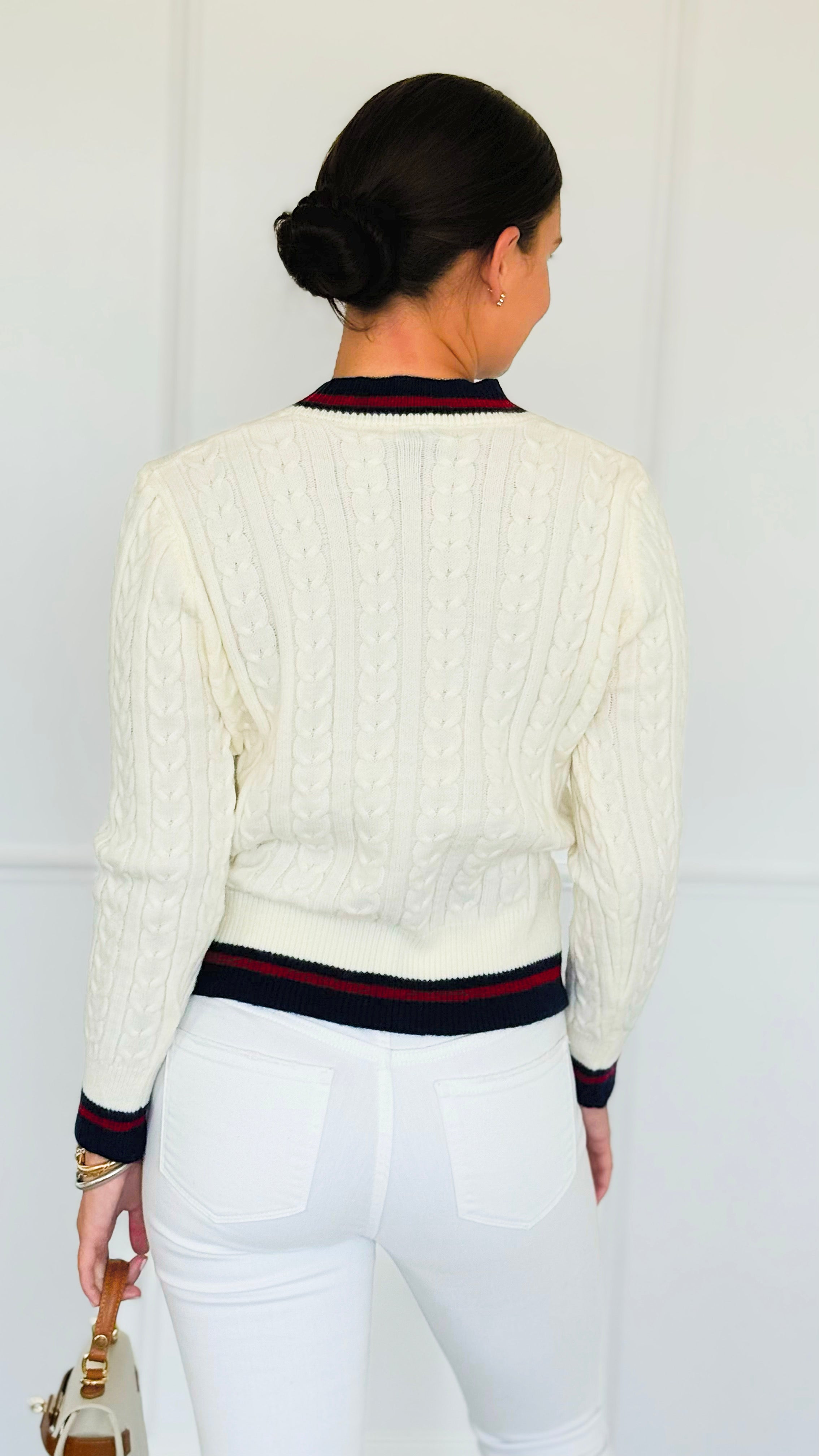 Fashion Varsity Italian Cardigan Sweater-Off White-150 Cardigans/Layers-Italianissimo-Coastal Bloom Boutique, find the trendiest versions of the popular styles and looks Located in Indialantic, FL