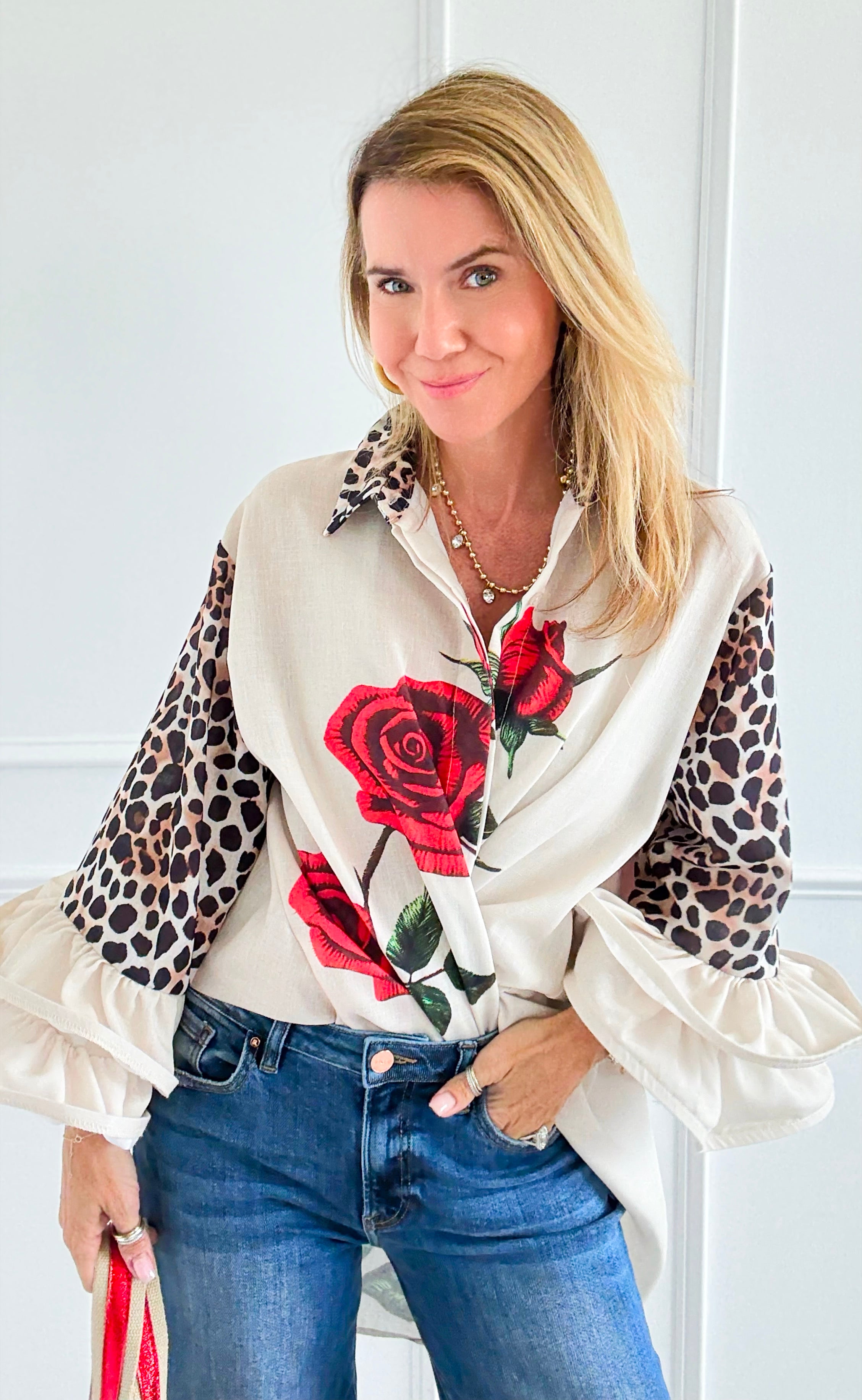 Wild Roses Ruffle Bell Sleeve Italian Blouse-130 Long sleeve top-Italianissimo-Coastal Bloom Boutique, find the trendiest versions of the popular styles and looks Located in Indialantic, FL