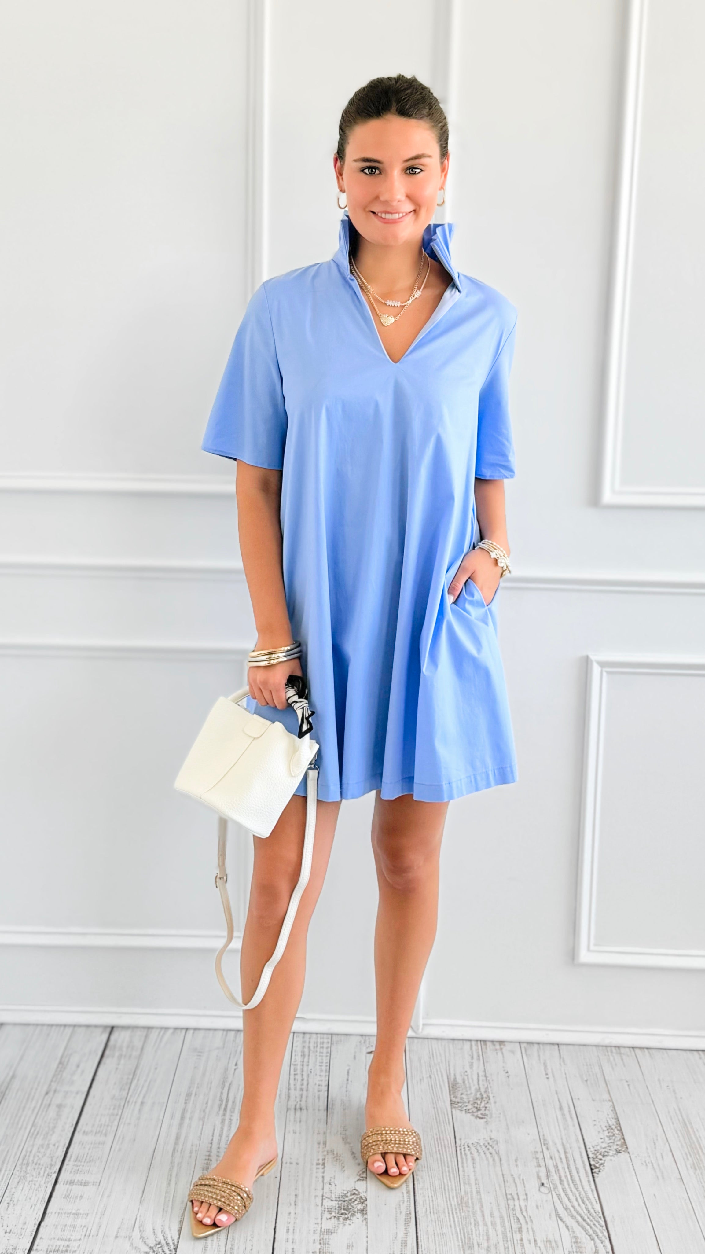 Modern Pleat Poplin Dress - Sky-200 Dresses/Jumpsuits/Rompers-Adrienne-Coastal Bloom Boutique, find the trendiest versions of the popular styles and looks Located in Indialantic, FL