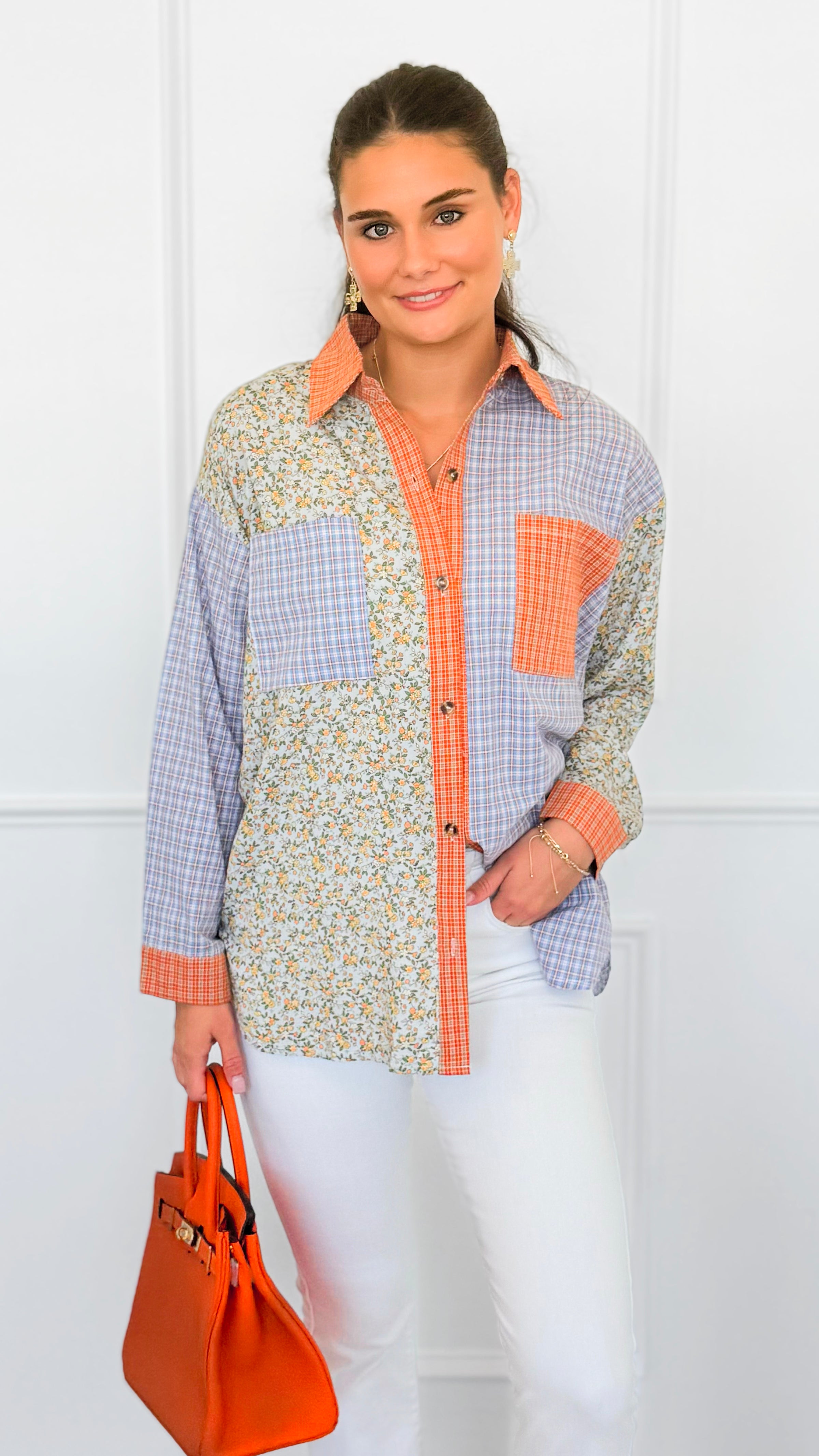 Sunset Picnic Button-Down Top-130 Long Sleeve Tops-ROUSSEAU-Coastal Bloom Boutique, find the trendiest versions of the popular styles and looks Located in Indialantic, FL