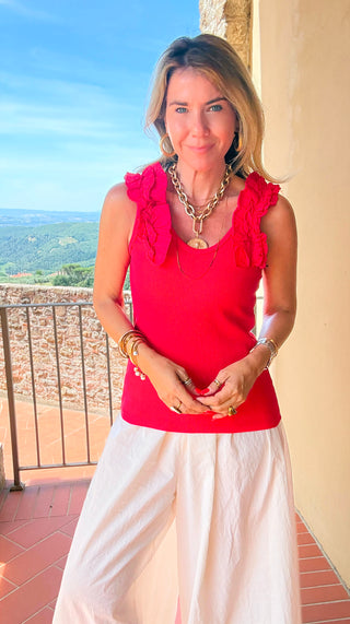 Ruffle Detail Sleeveless Italian Top - Red