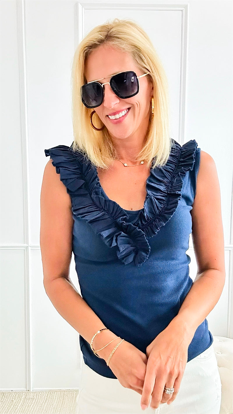 Whimsical Ruffle Italian Tank - Navy-100 Sleeveless Tops-Italianissimo-Coastal Bloom Boutique, find the trendiest versions of the popular styles and looks Located in Indialantic, FL