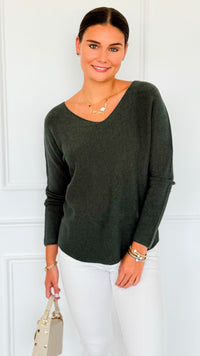 Soho Italian V-Neck Pullover - Army Green-140 Sweaters-Italianissimo-Coastal Bloom Boutique, find the trendiest versions of the popular styles and looks Located in Indialantic, FL
