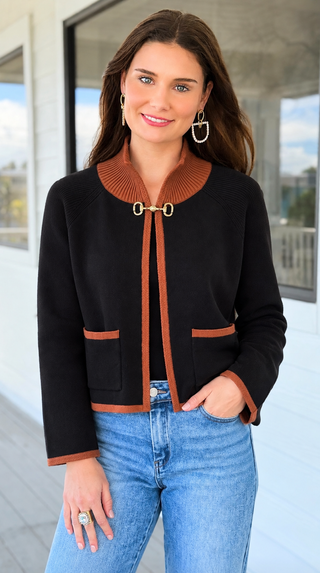 Contrast Trim Hook Front Knit Cardigan - Black