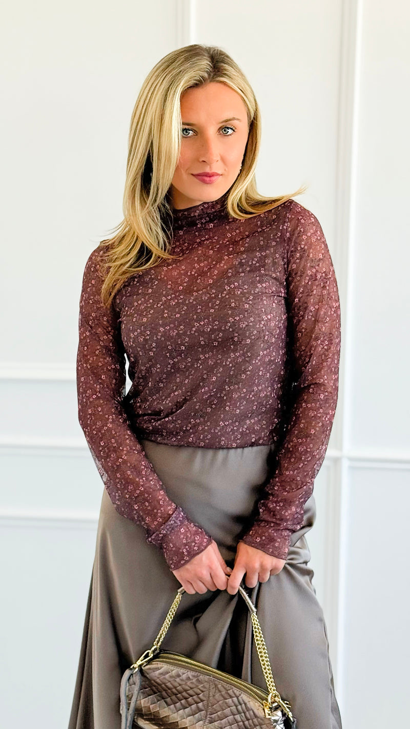 Dainty Meadow Mesh Top- Burgundy-110 Long Sleeve Tops-Umgee-Coastal Bloom Boutique, find the trendiest versions of the popular styles and looks Located in Indialantic, FL