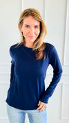 The Charlie Crew Neck Top - Navy-130 Long Sleeve Tops-EC COLLECTION INC-Coastal Bloom Boutique, find the trendiest versions of the popular styles and looks Located in Indialantic, FL