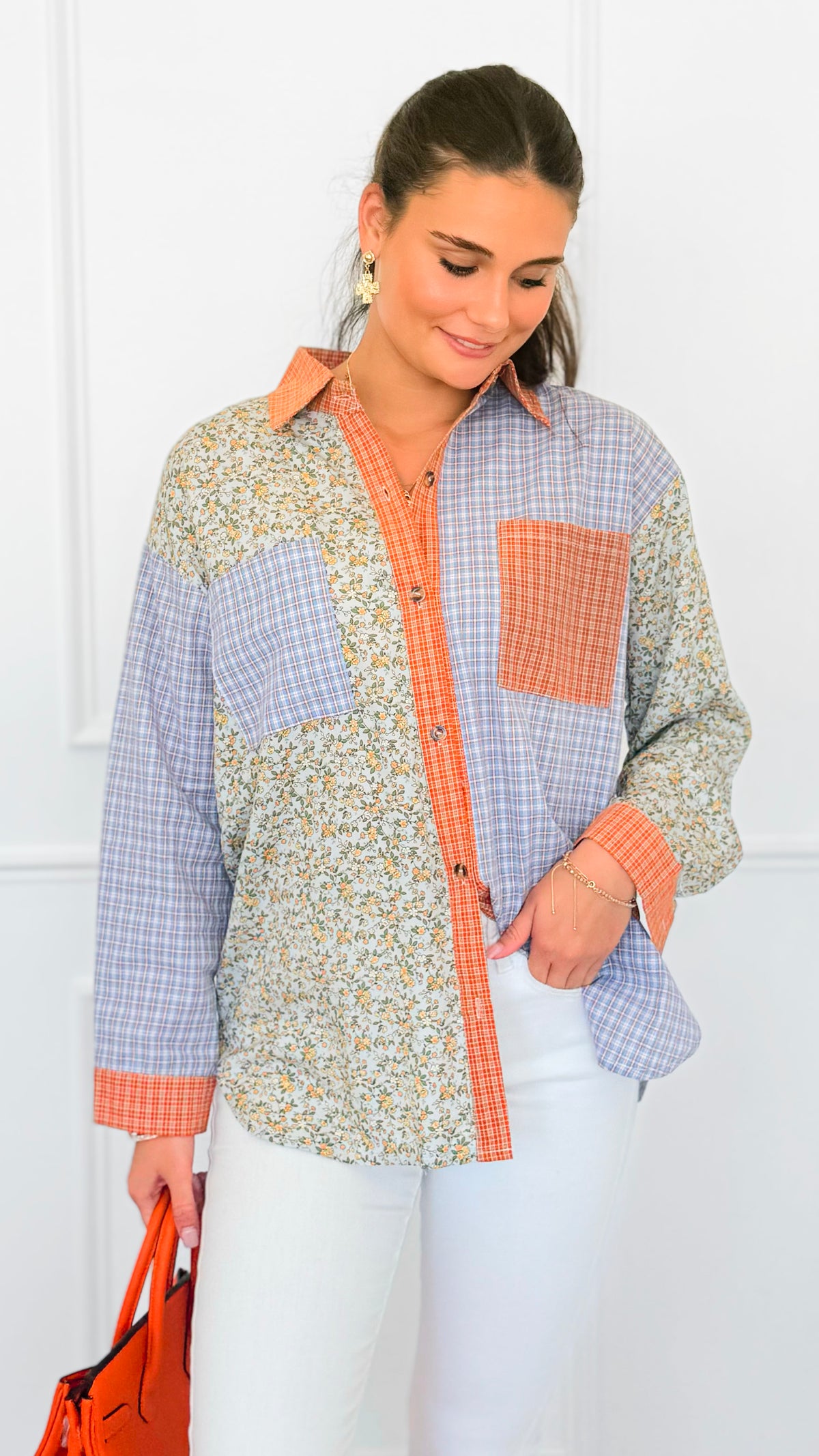 Sunset Picnic Button-Down Top-130 Long Sleeve Tops-ROUSSEAU-Coastal Bloom Boutique, find the trendiest versions of the popular styles and looks Located in Indialantic, FL