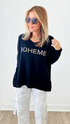 Boheme Knit V-Neck Sweater - Black-140 Sweaters-VENTI6 OUTLET-Coastal Bloom Boutique, find the trendiest versions of the popular styles and looks Located in Indialantic, FL