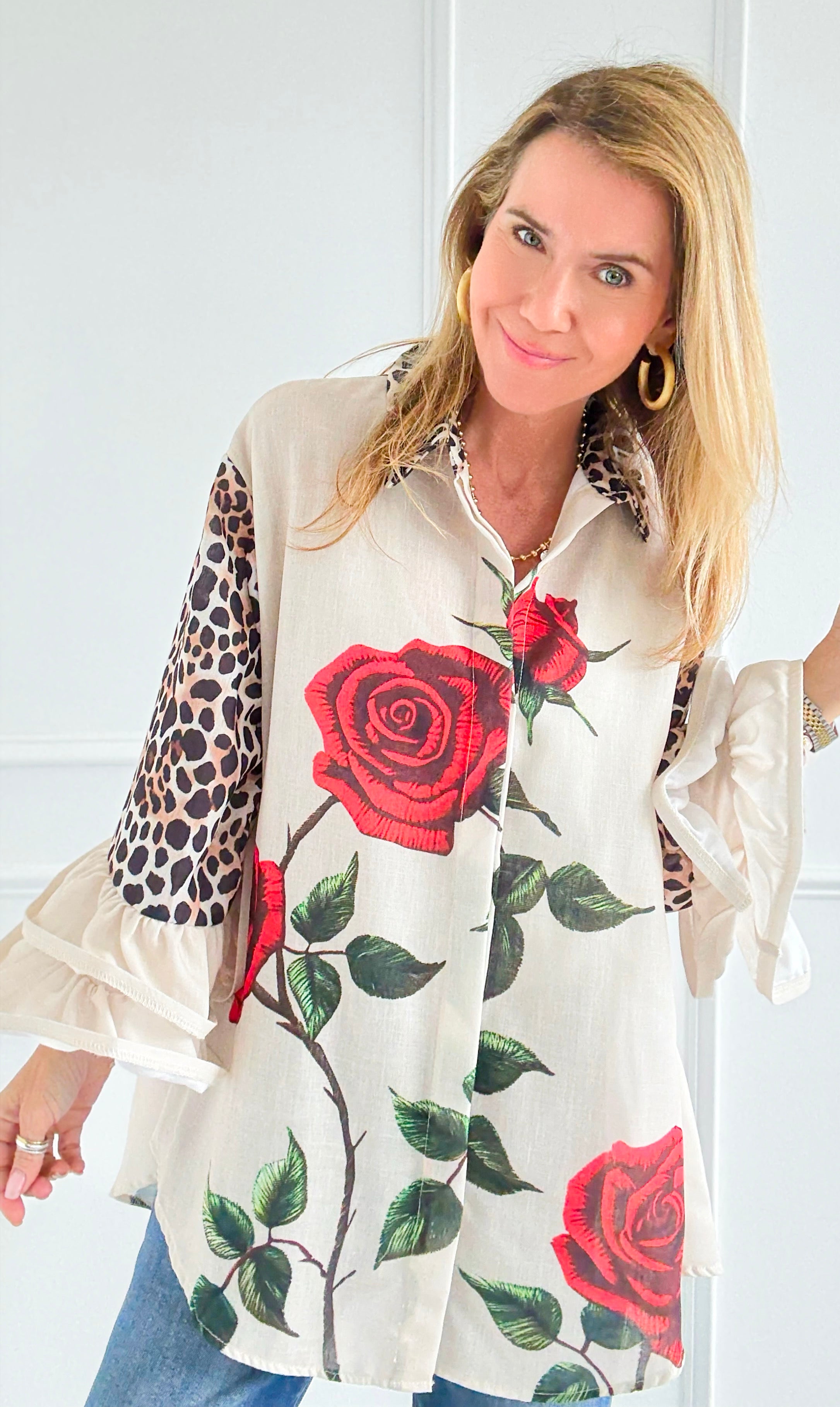 Wild Roses Ruffle Bell Sleeve Italian Blouse-130 Long sleeve top-Italianissimo-Coastal Bloom Boutique, find the trendiest versions of the popular styles and looks Located in Indialantic, FL