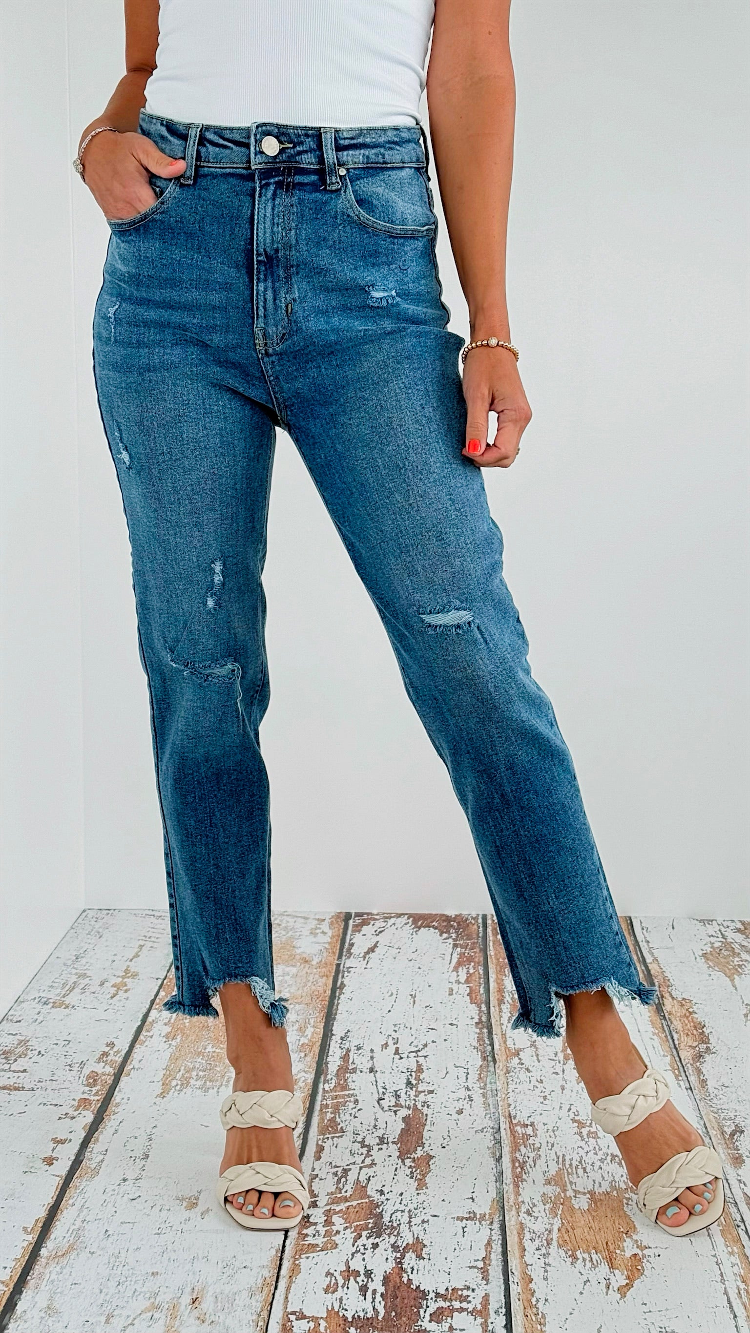 Distressed Capri Jean-190 Denim-Blue Age-Coastal Bloom Boutique, find the trendiest versions of the popular styles and looks Located in Indialantic, FL