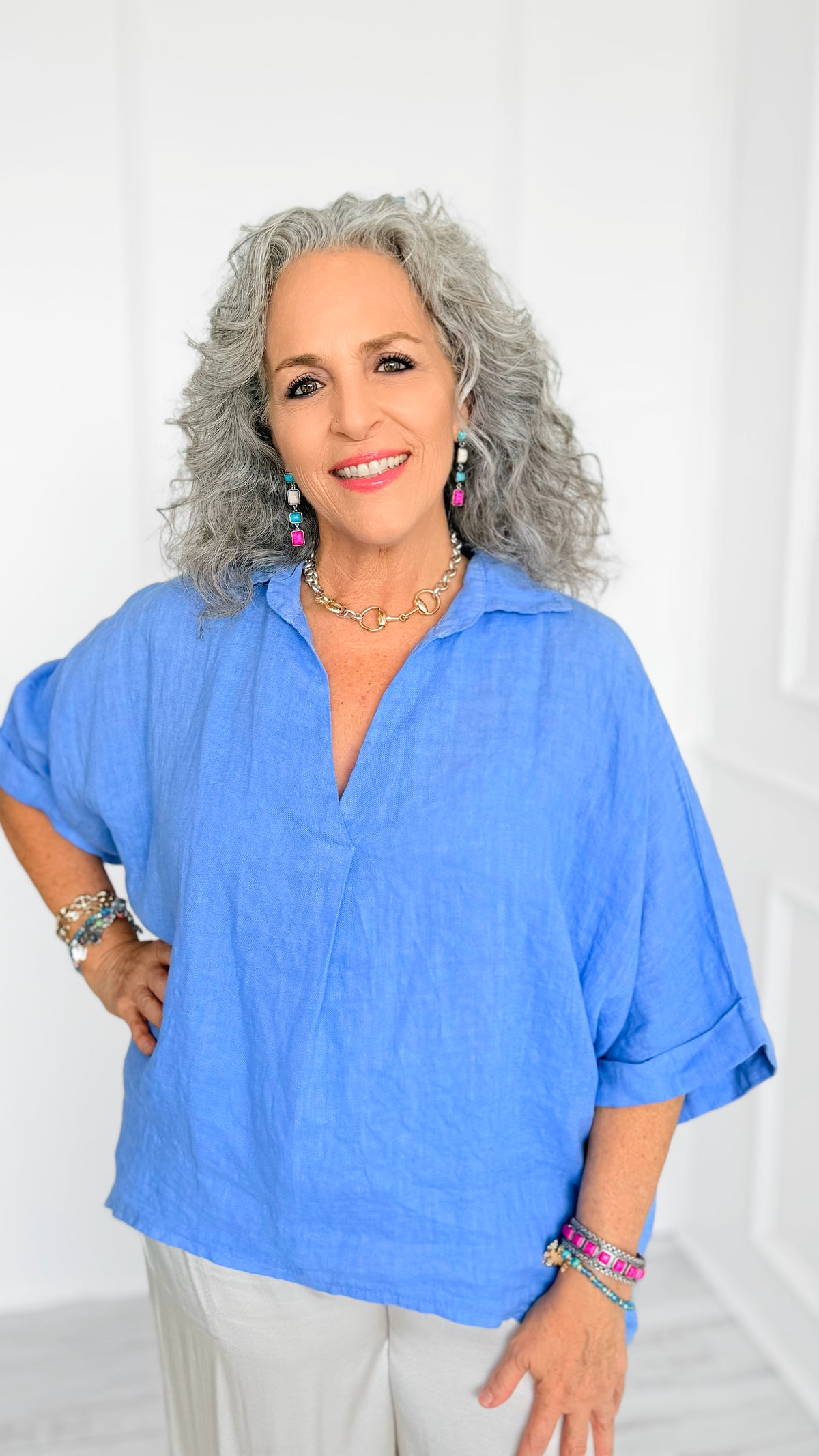 DAMAGED-Soft Days Linen Italian Button Top- Periwinkle-110 short Sleeve Top-PORCIENTO-Coastal Bloom Boutique, find the trendiest versions of the popular styles and looks Located in Indialantic, FL