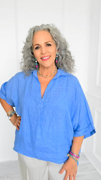 DAMAGED-Soft Days Linen Italian Button Top- Periwinkle-110 short Sleeve Top-PORCIENTO-Coastal Bloom Boutique, find the trendiest versions of the popular styles and looks Located in Indialantic, FL