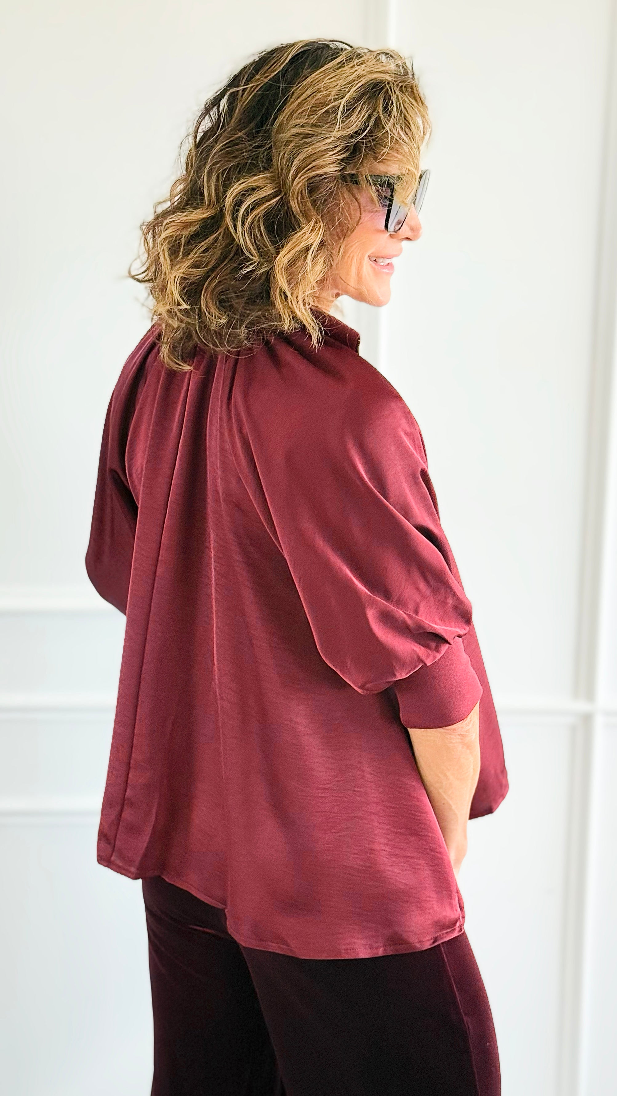 Champagne Whisper Satin Top - Burgundy-110 short Sleeve Top-GLAM-Coastal Bloom Boutique, find the trendiest versions of the popular styles and looks Located in Indialantic, FL