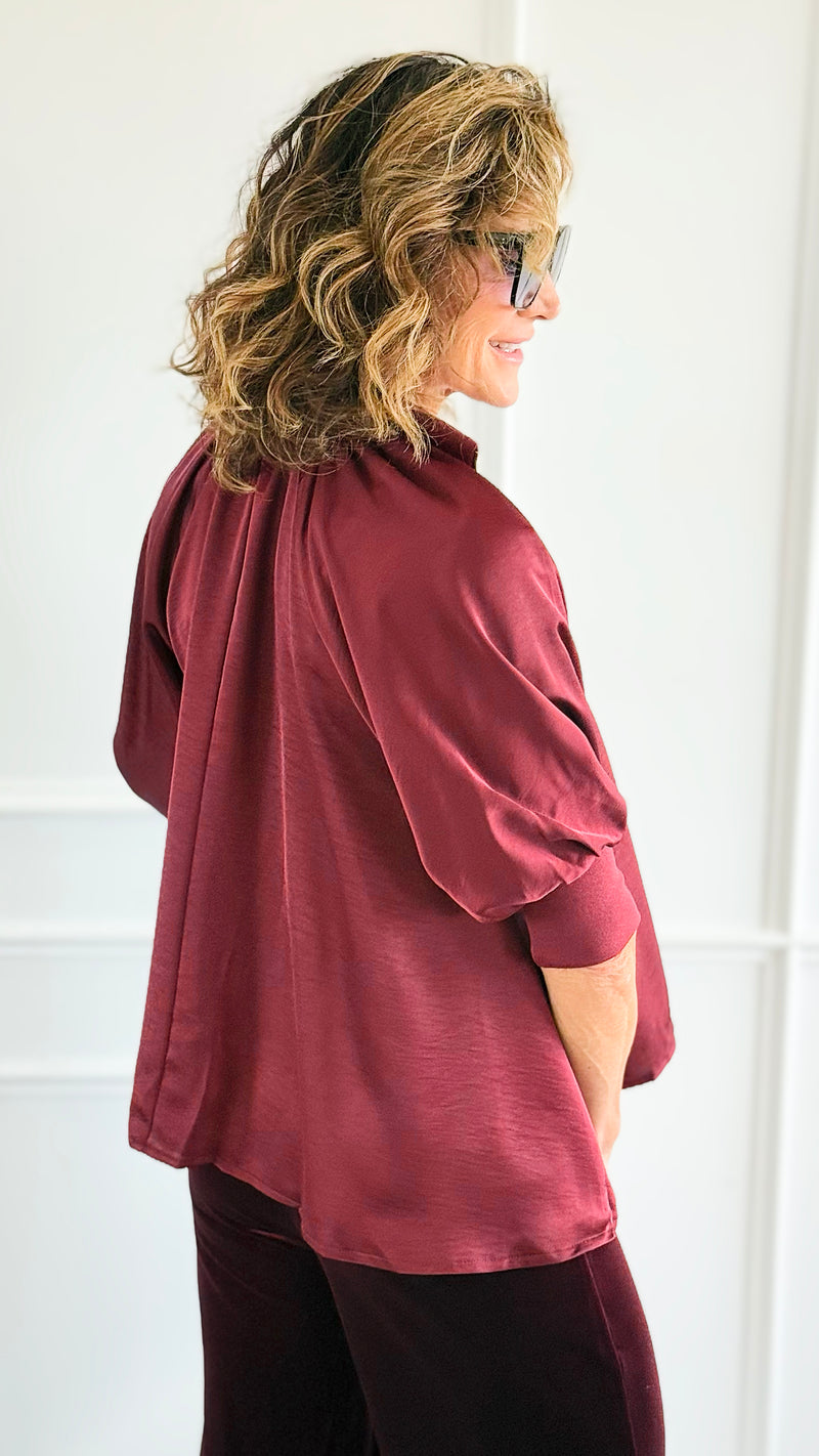 Champagne Whisper Satin Top - Burgundy-110 short Sleeve Top-GLAM-Coastal Bloom Boutique, find the trendiest versions of the popular styles and looks Located in Indialantic, FL