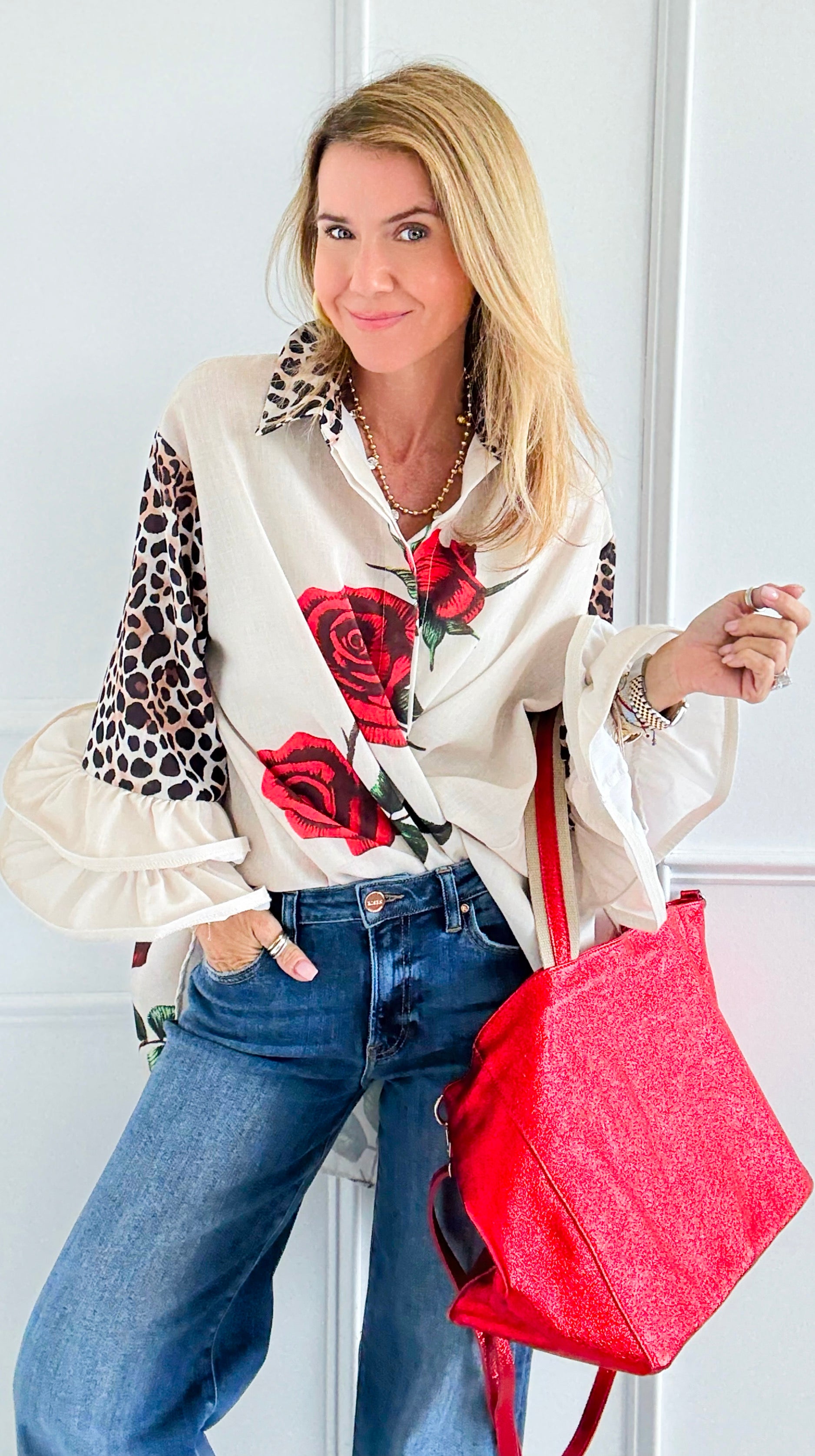 Wild Roses Ruffle Bell Sleeve Italian Blouse-130 Long sleeve top-Italianissimo-Coastal Bloom Boutique, find the trendiest versions of the popular styles and looks Located in Indialantic, FL