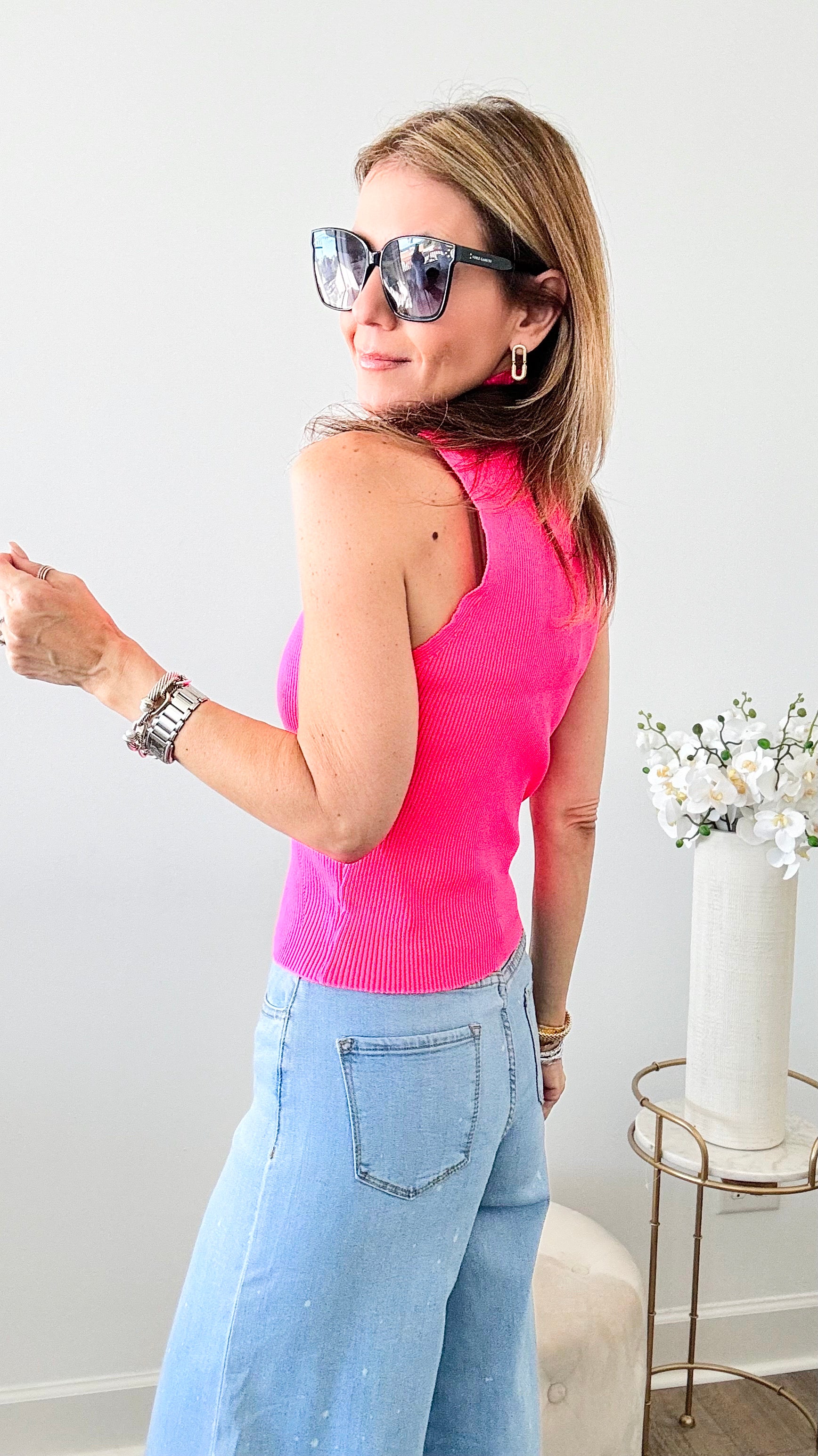 Knit Mock Neck Tank Top - Neon Pink-100 Sleeveless Tops-On Blue-Coastal Bloom Boutique, find the trendiest versions of the popular styles and looks Located in Indialantic, FL