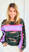 Camo French Terry Stripe Sleeve Top-130 Long Sleeve Tops-BIBI-Coastal Bloom Boutique, find the trendiest versions of the popular styles and looks Located in Indialantic, FL