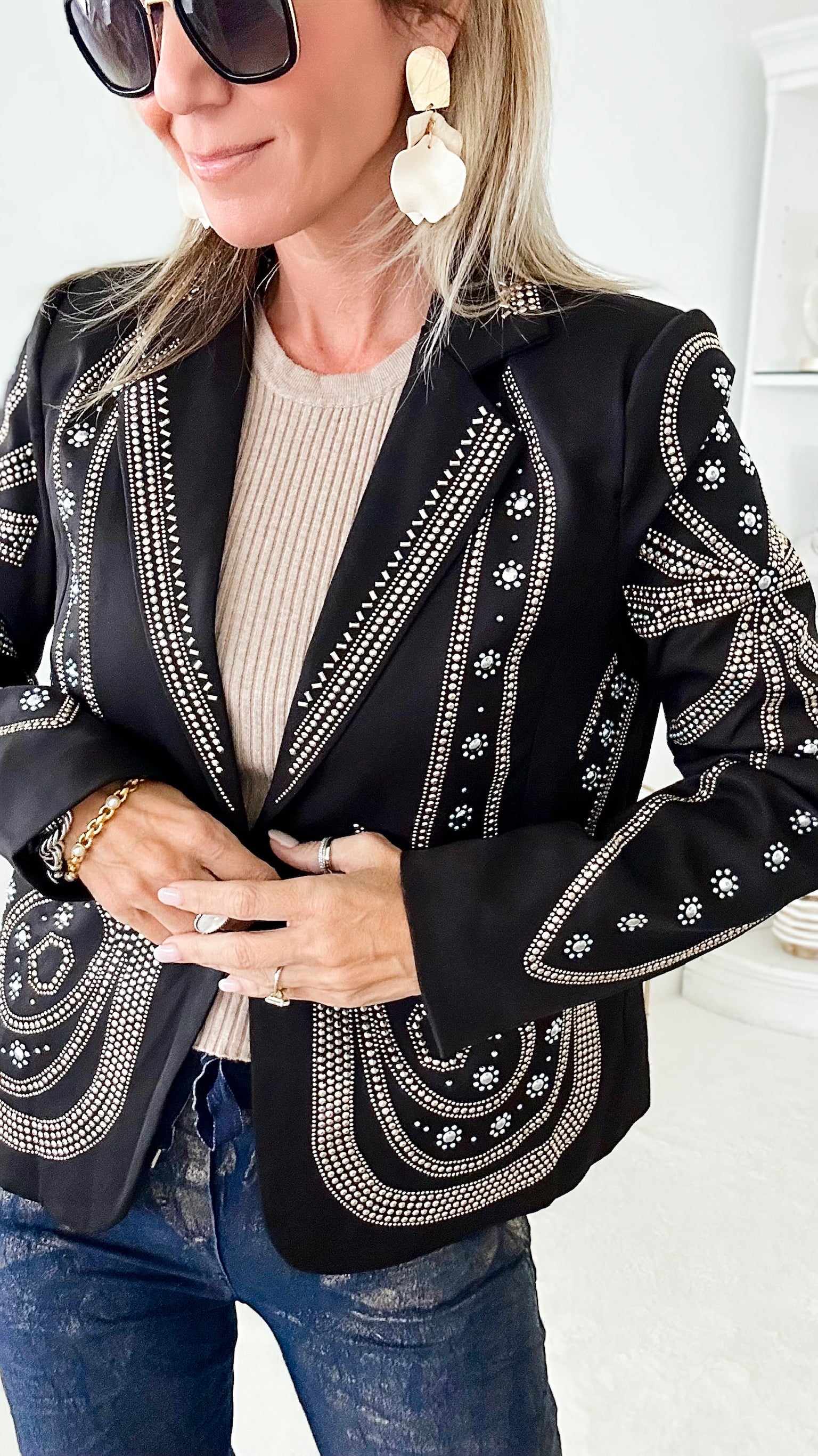 Woman in Gold Embellished Blazer-160 Jackets-LA' ROS-Coastal Bloom Boutique, find the trendiest versions of the popular styles and looks Located in Indialantic, FL
