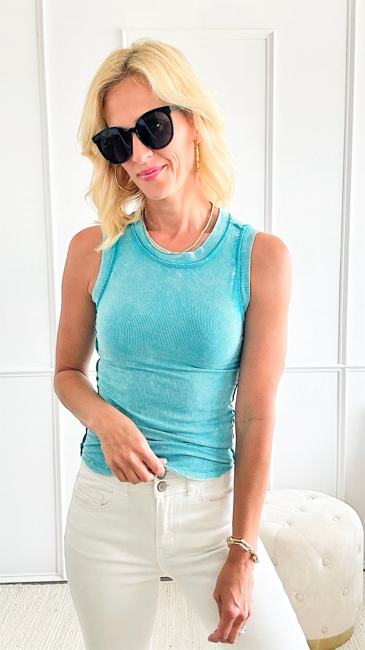 Big Mineral Wash Ribbed Scoop Tank Top - Teal-100 Sleeveless Tops-Zenana-Coastal Bloom Boutique, find the trendiest versions of the popular styles and looks Located in Indialantic, FL