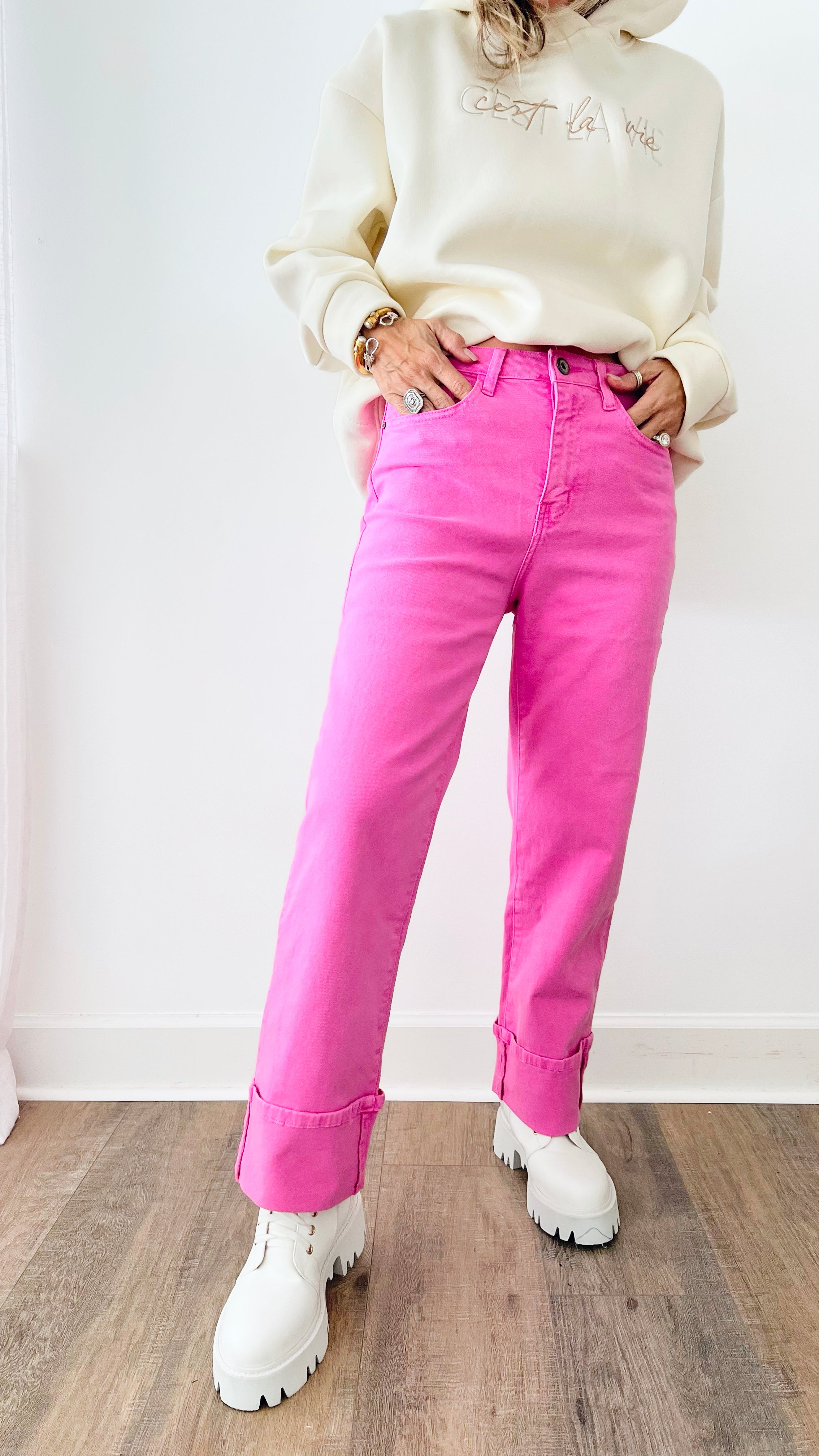 Straight Cropped Edge Magenta Denim Pants-170 Bottoms-Q2-Coastal Bloom Boutique, find the trendiest versions of the popular styles and looks Located in Indialantic, FL