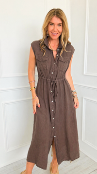 Tie Waist Sleeveless Linen Italian Midi Dress- Chocolate
