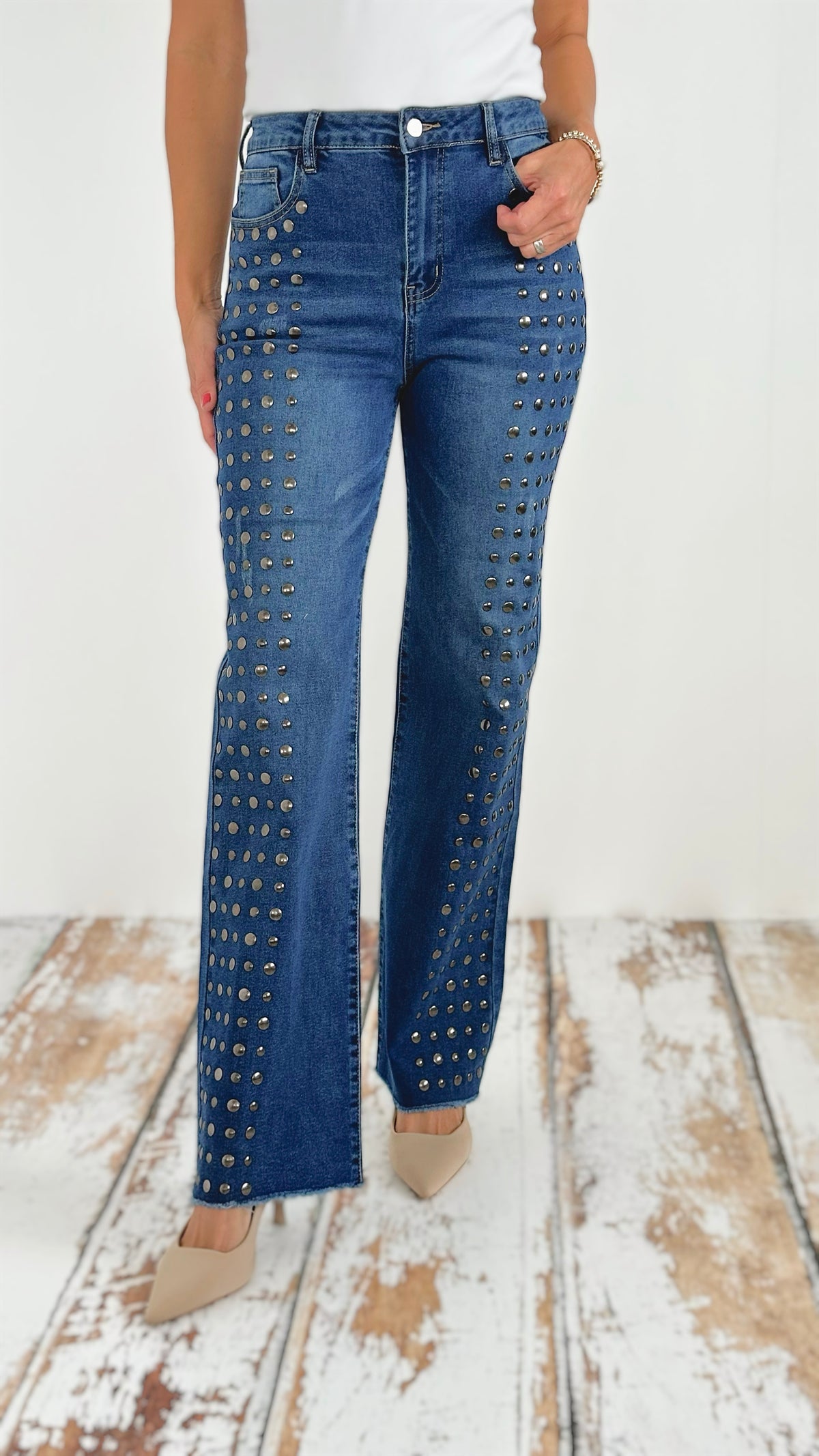 High-Waisted Studded Flare Jeans-190 Denim-JJ'S FAIRYLAND-Coastal Bloom Boutique, find the trendiest versions of the popular styles and looks Located in Indialantic, FL