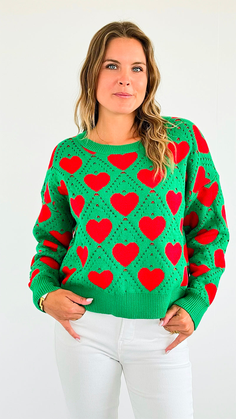 Hearts Knit Sweater-Green-140 Sweaters-MIRACLE-Coastal Bloom Boutique, find the trendiest versions of the popular styles and looks Located in Indialantic, FL