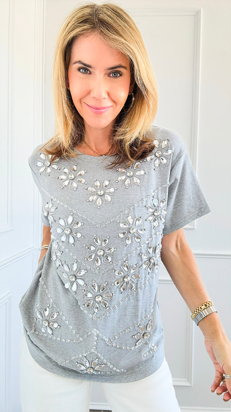 Glimmer Cascade Embellished Tee-110 Short Sleeve Tops-LC Lizette-Coastal Bloom Boutique, find the trendiest versions of the popular styles and looks Located in Indialantic, FL