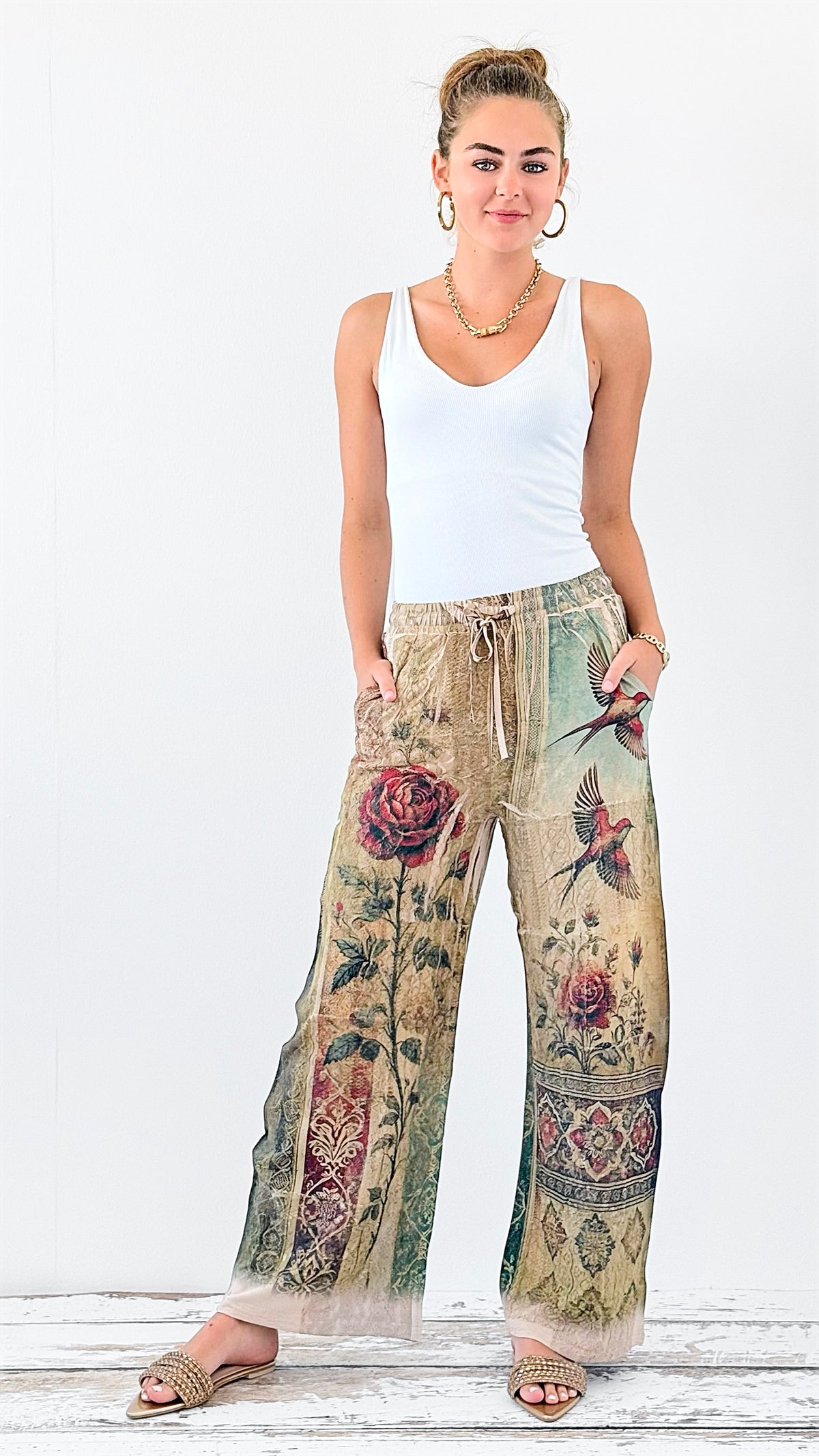 PRE ORDER Whimsical Hummingbird Drawstring Pants-170 Bottoms-Origami Fashion Inc-Coastal Bloom Boutique, find the trendiest versions of the popular styles and looks Located in Indialantic, FL