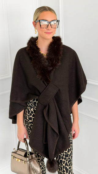 Plush Collar Wrap Poncho - Brown