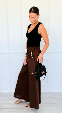 Pocket Glam Italian Flare Leg Pant- Brown-100 Pants-TATTOO Z-Coastal Bloom Boutique, find the trendiest versions of the popular styles and looks Located in Indialantic, FL