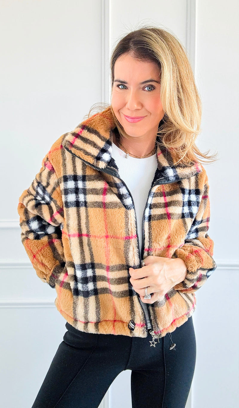 Plaid Fur Zip Jacket-160 Jackets-SANTOORI-Coastal Bloom Boutique, find the trendiest versions of the popular styles and looks Located in Indialantic, FL