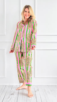 Tropical Tiger Stripe Cotton Pajama Set-Green-220 Intimates-bhavnas boutique-Coastal Bloom Boutique, find the trendiest versions of the popular styles and looks Located in Indialantic, FL