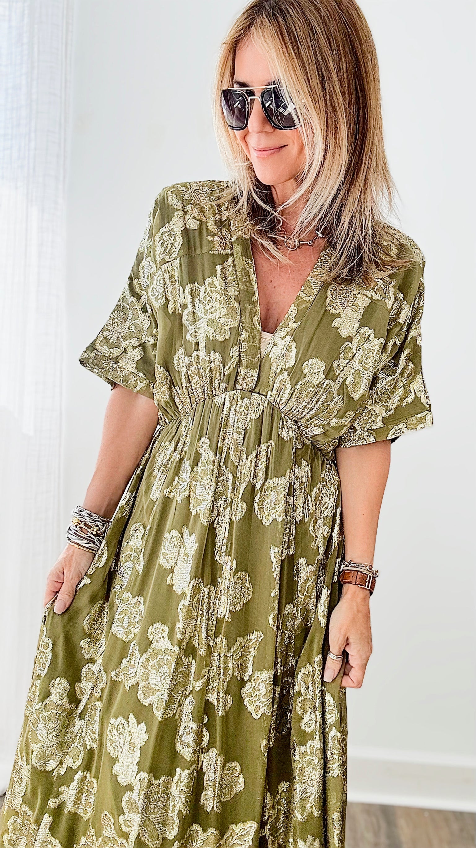 Olive & Gold Metallic Pleated Maxi Dress-200 Dresses/Jumpsuits/Rompers-en creme-Coastal Bloom Boutique, find the trendiest versions of the popular styles and looks Located in Indialantic, FL
