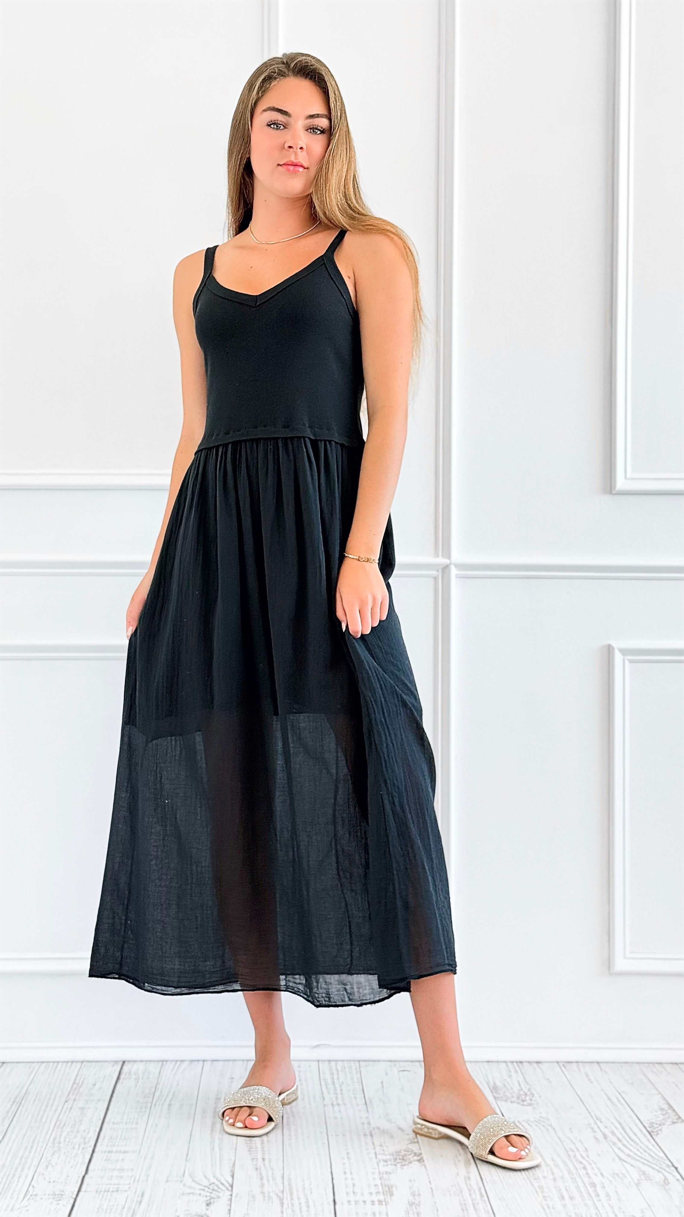 Breezy Stroll Italian Midi Dress- Black-200 Dresses/Jumpsuits/Rompers-Italianissimo-Coastal Bloom Boutique, find the trendiest versions of the popular styles and looks Located in Indialantic, FL