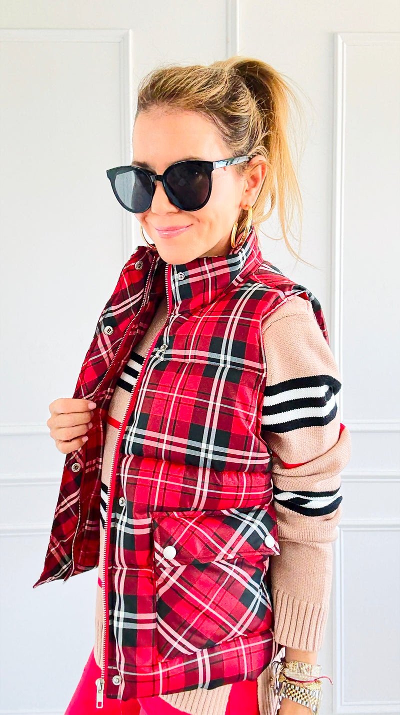 Plaid Printed Padded Vest - Red-150 Cardigans/Layers-Jodifl-Coastal Bloom Boutique, find the trendiest versions of the popular styles and looks Located in Indialantic, FL