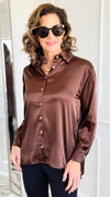 Vivienne Button Down Blouse - Brown-110 Long Sleeve Tops-Zenana-Coastal Bloom Boutique, find the trendiest versions of the popular styles and looks Located in Indialantic, FL