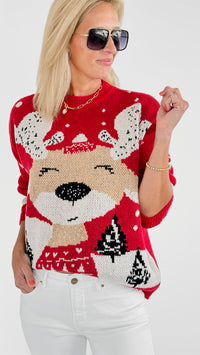 Rudolph Printed Sweater - Red-140 Sweaters-On Blue-Coastal Bloom Boutique, find the trendiest versions of the popular styles and looks Located in Indialantic, FL