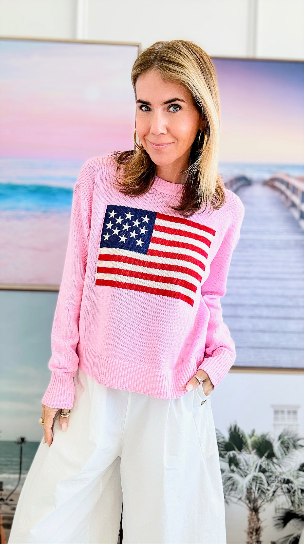 Embroidered Detailed Flag Knit Sweater-Cherry Pink-140 Sweaters-Miracle-Coastal Bloom Boutique, find the trendiest versions of the popular styles and looks Located in Indialantic, FL