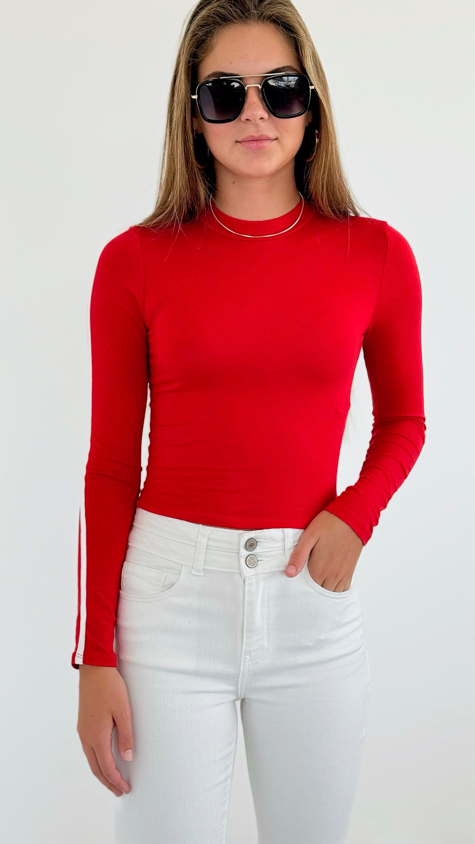 Contrast Sleeve Detail Crop Top - Red-130 Long Sleeve Tops-Heart&Hips-Coastal Bloom Boutique, find the trendiest versions of the popular styles and looks Located in Indialantic, FL