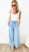 Washed Chambray Wide Leg Pants-170 Bottoms-EASEL-Coastal Bloom Boutique, find the trendiest versions of the popular styles and looks Located in Indialantic, FL