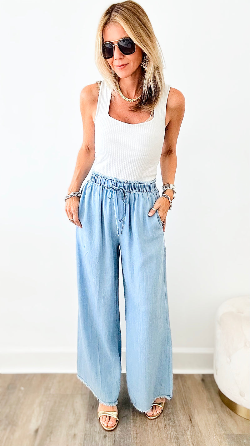 Washed Chambray Wide Leg Pants-170 Bottoms-EASEL-Coastal Bloom Boutique, find the trendiest versions of the popular styles and looks Located in Indialantic, FL