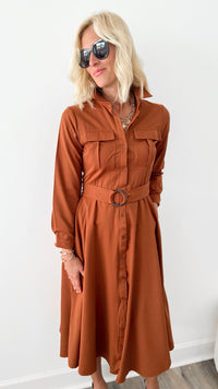 Sophisticated Charm Belted Button-Down Maxi Dress - Brown-200 dresses/jumpsuits/rompers-HYFVE-Coastal Bloom Boutique, find the trendiest versions of the popular styles and looks Located in Indialantic, FL